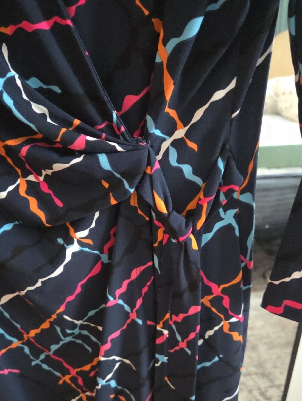 Anne Klein Black Faux-Wrap Dress with Pink, Blue and Orange Chain Print - Picture 2 of 7